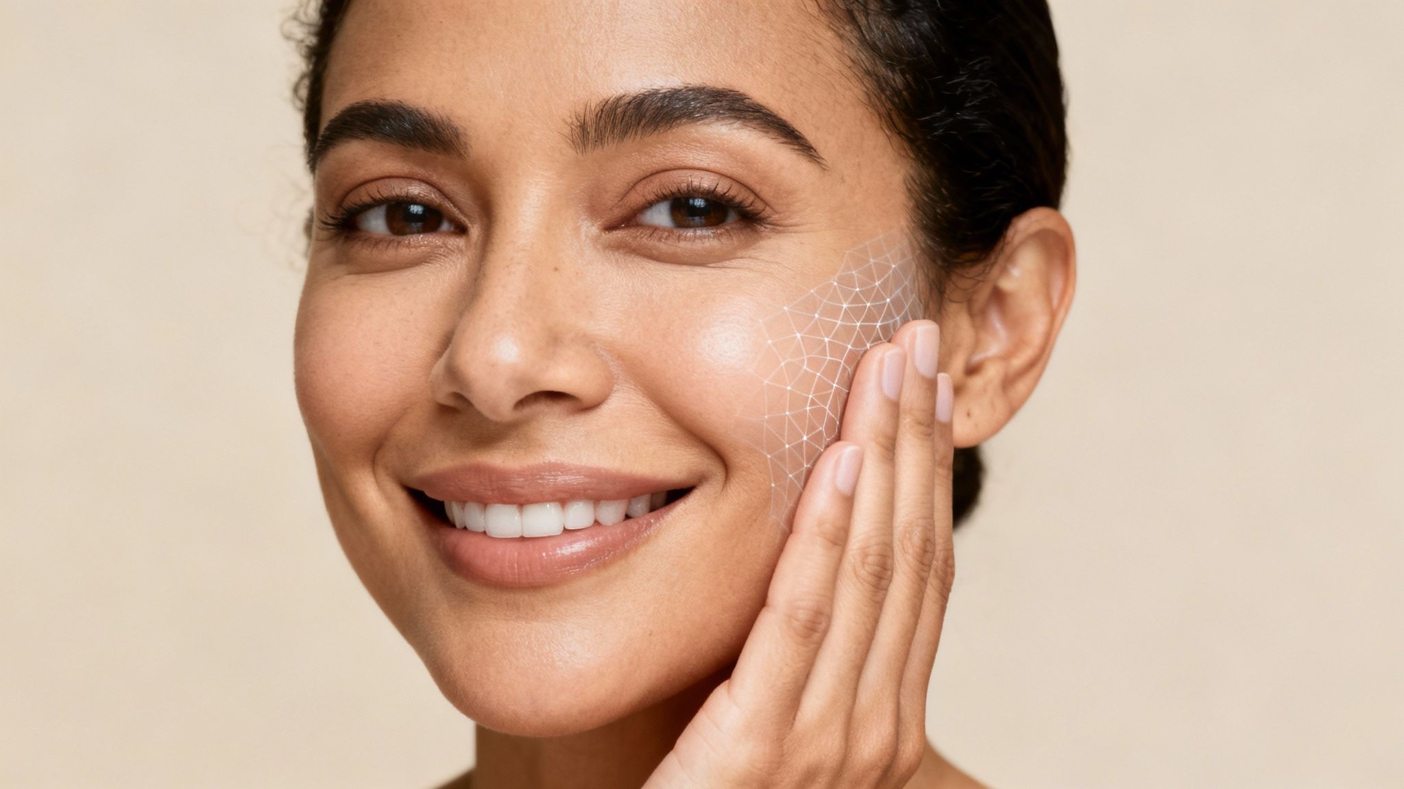 Smiling woman with healthy skin, a subtle collagen structure overlay on her cheek.
