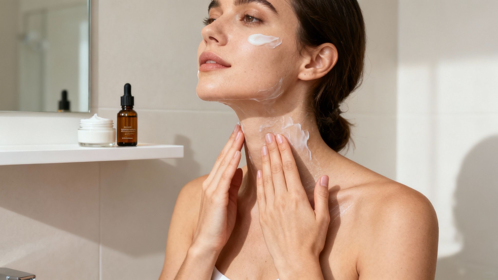 A woman applying cream to her neck as part of her daily at-home skincare routine.