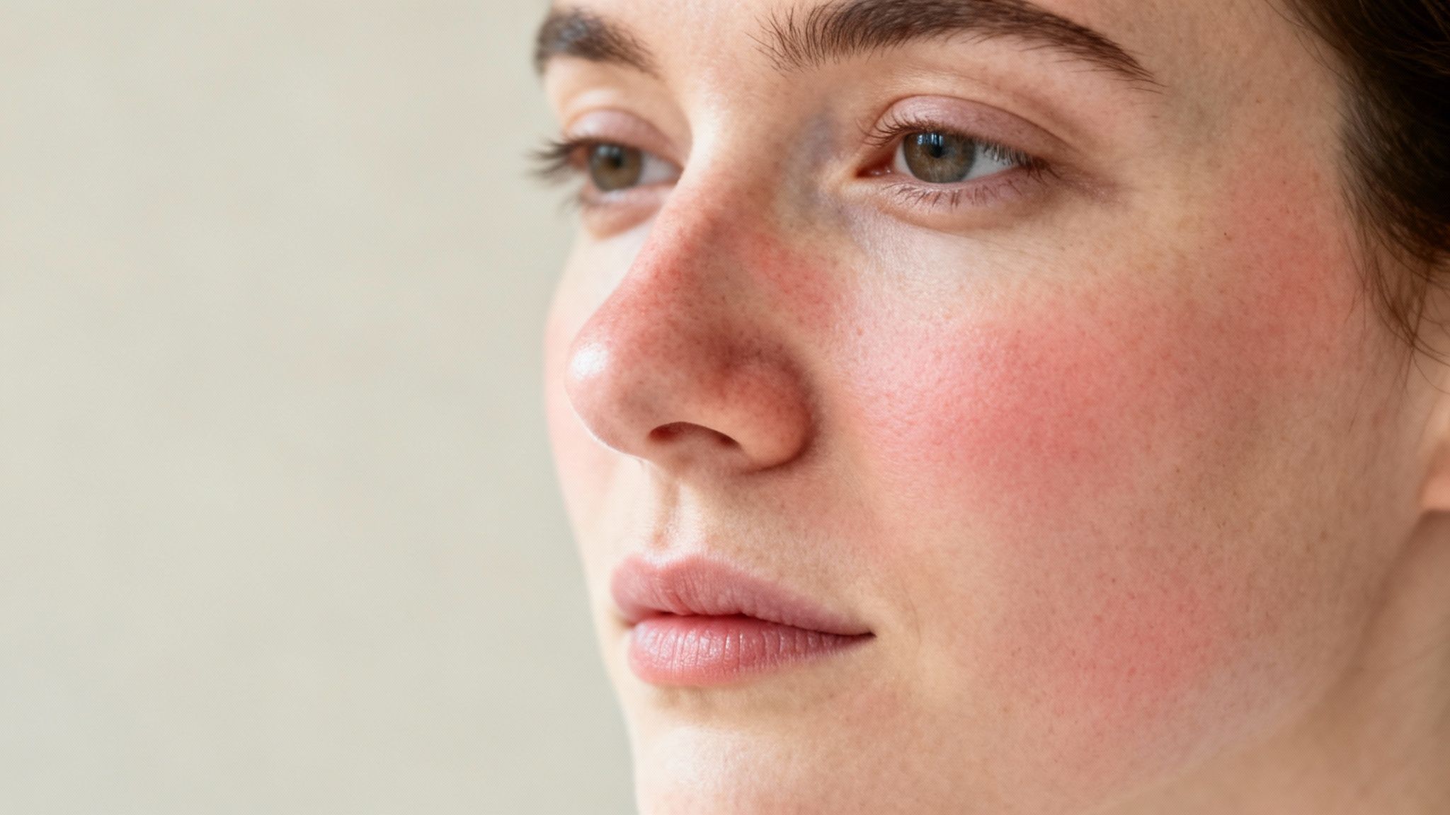 Close-up of a person's face showing red, flushed skin on the cheeks and nose, indicative of rosacea.