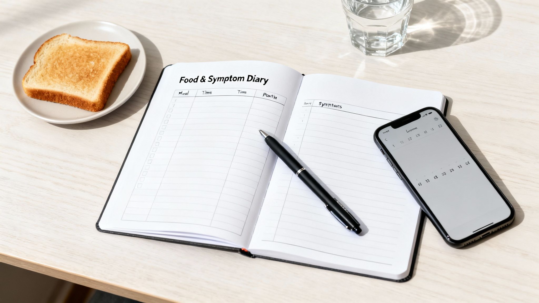 An open food and symptom diary on a light wooden table with toast, water, pen, and a smartphone.