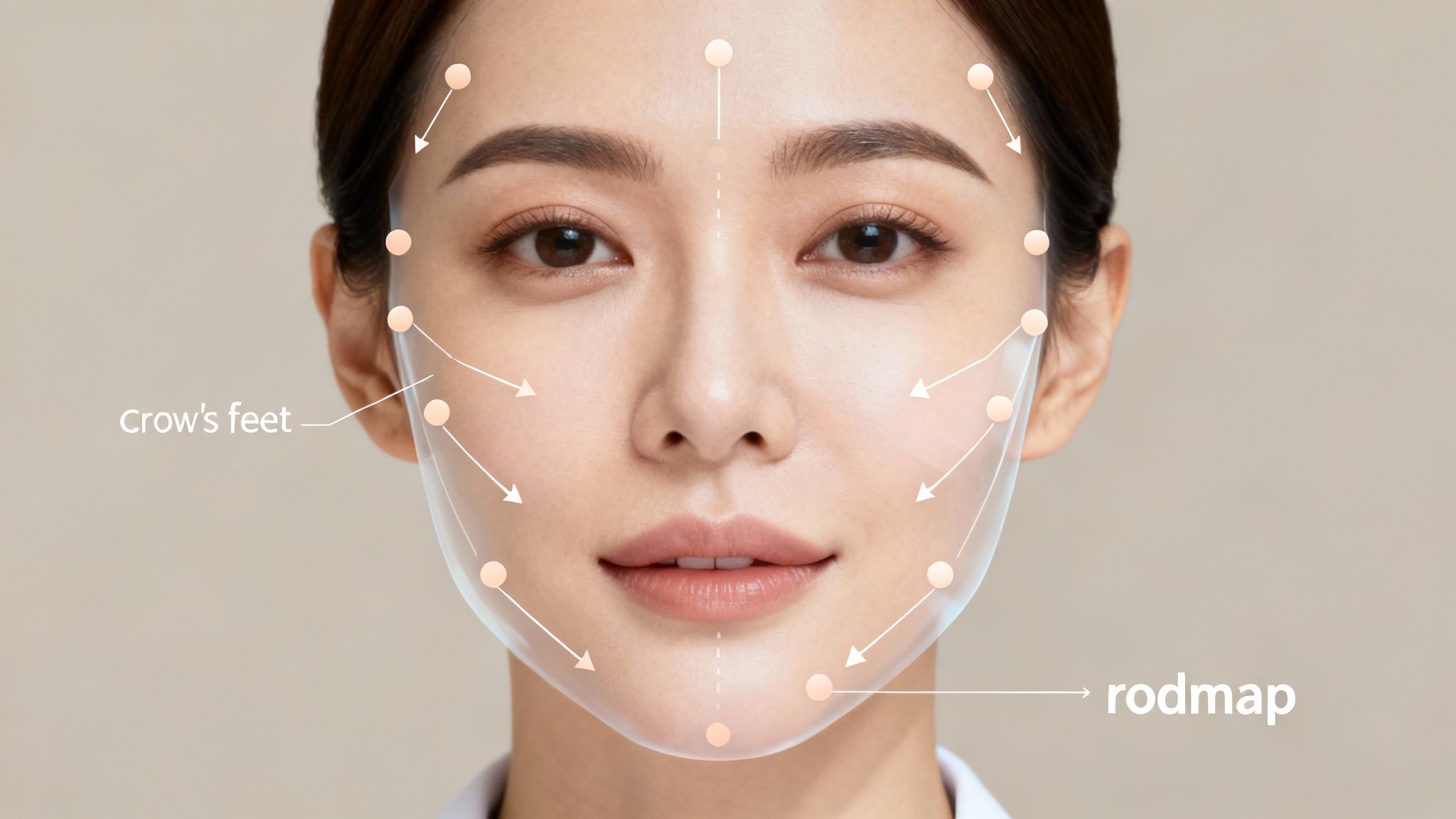 A diagram showing the common Botox injection sites on a female face, including the forehead, glabella, and crow's feet.