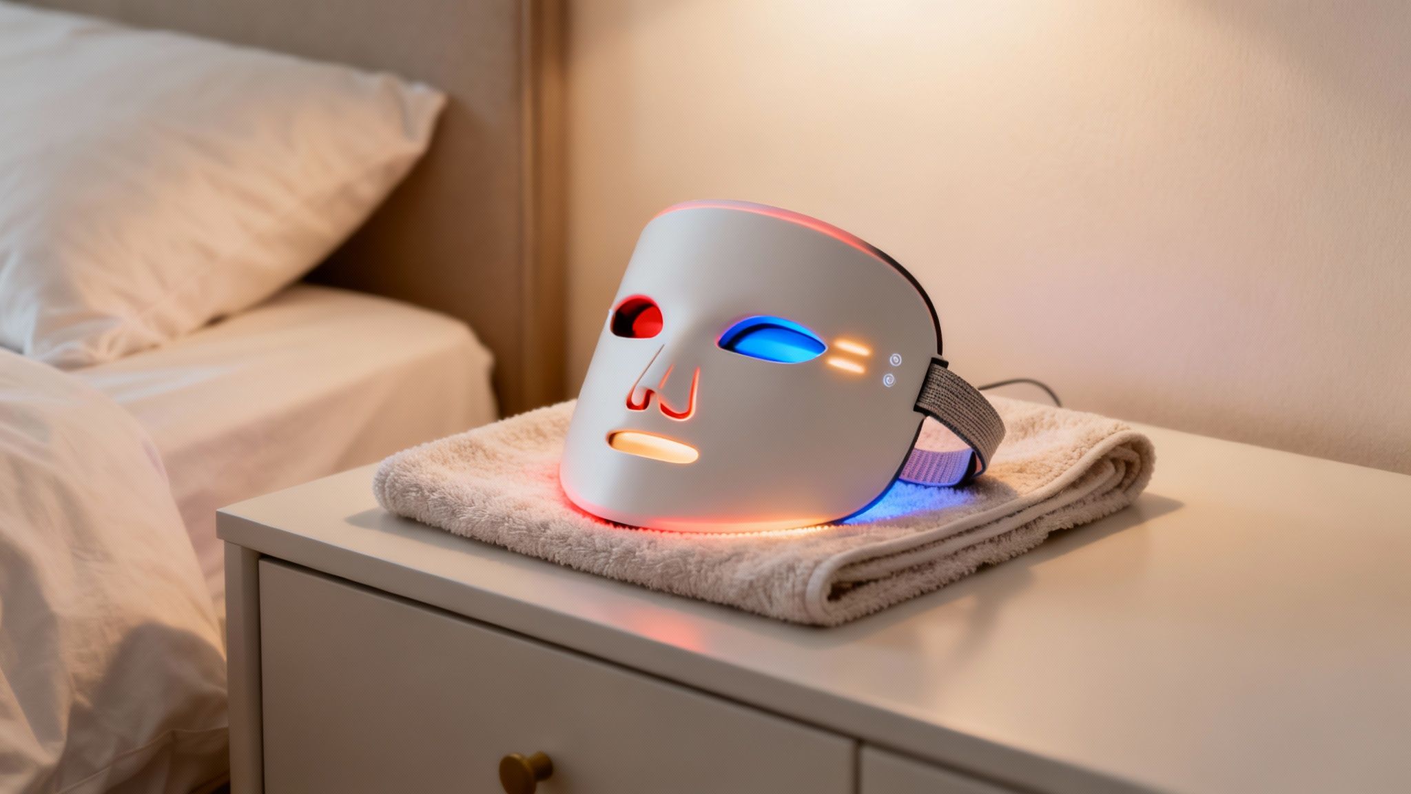 A white LED light therapy facial mask with glowing red and blue lights rests on a towel.