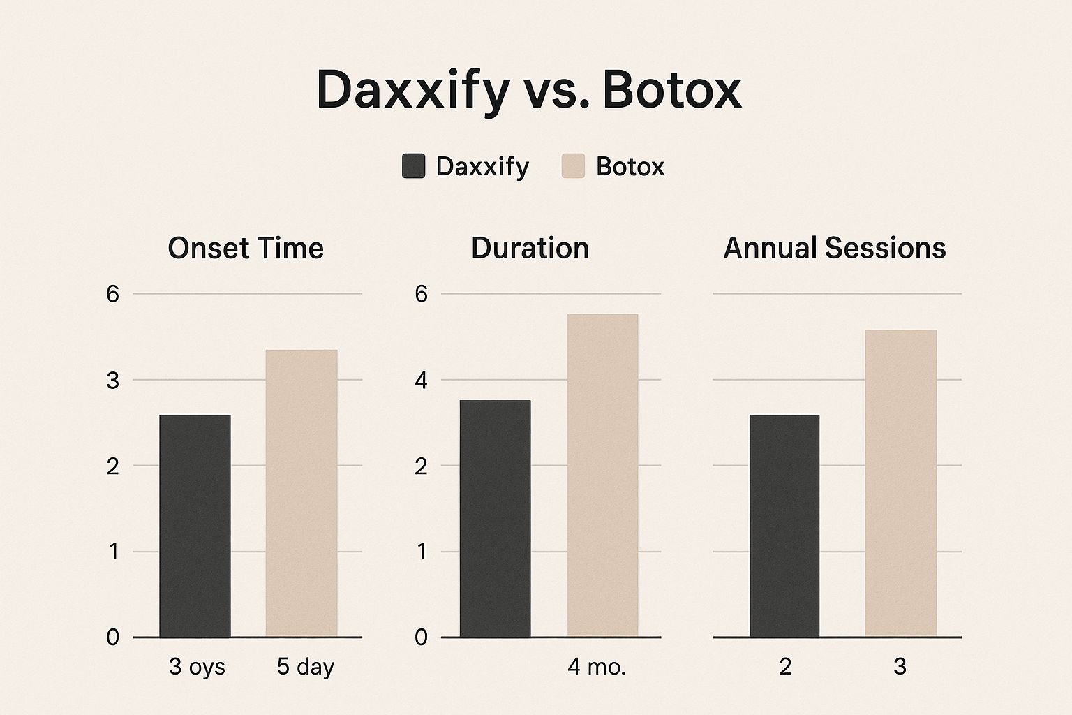 Infographic comparing the onset time, duration, and annual sessions of Daxxify vs Botox