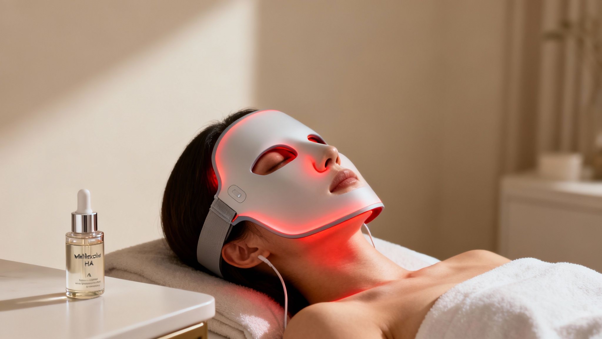 Person relaxing with red LED light therapy mask on face, a Molecule HA serum bottle nearby.