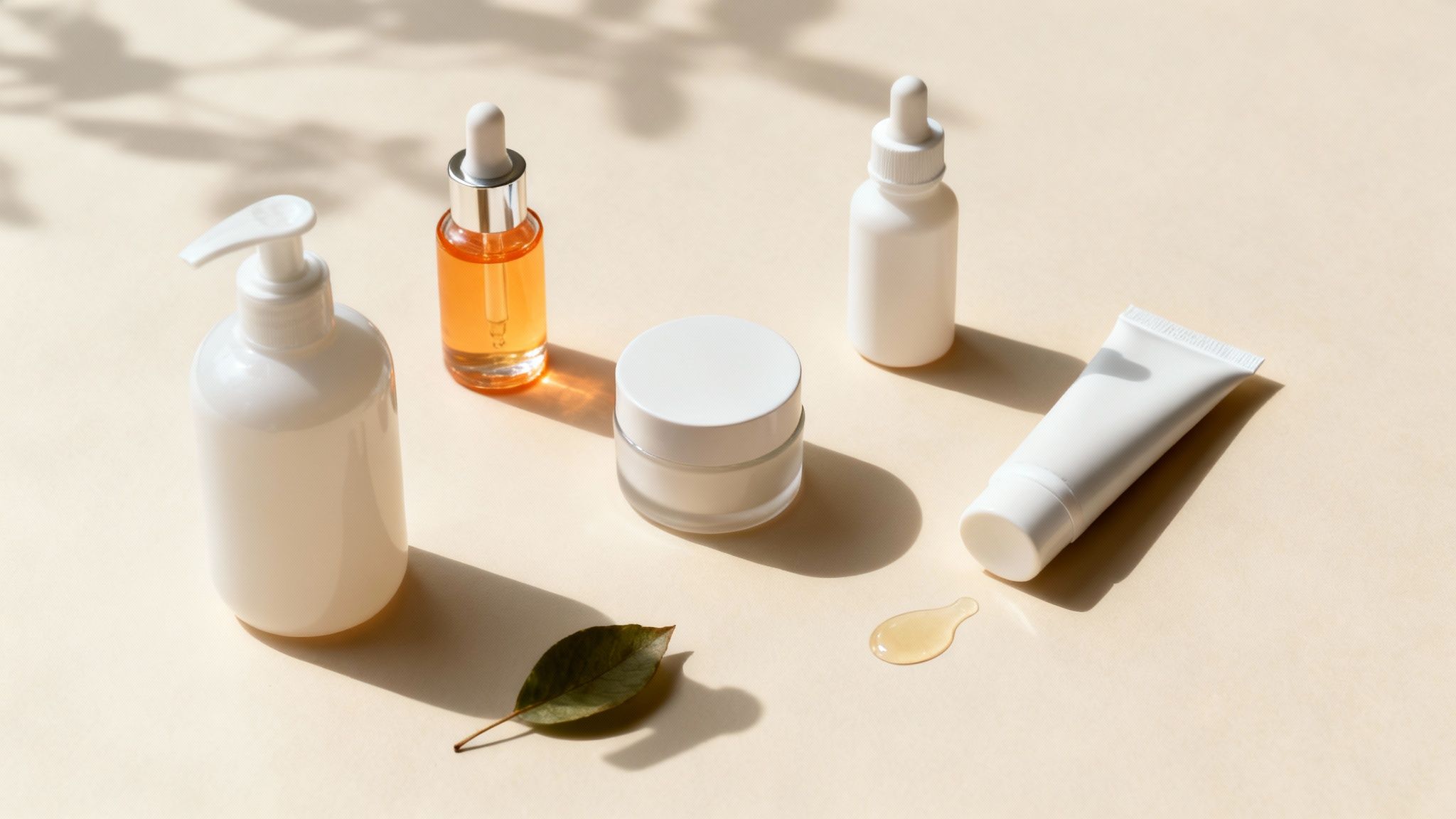 Assortment of natural skincare products including serums, creams, and lotion on a beige background.