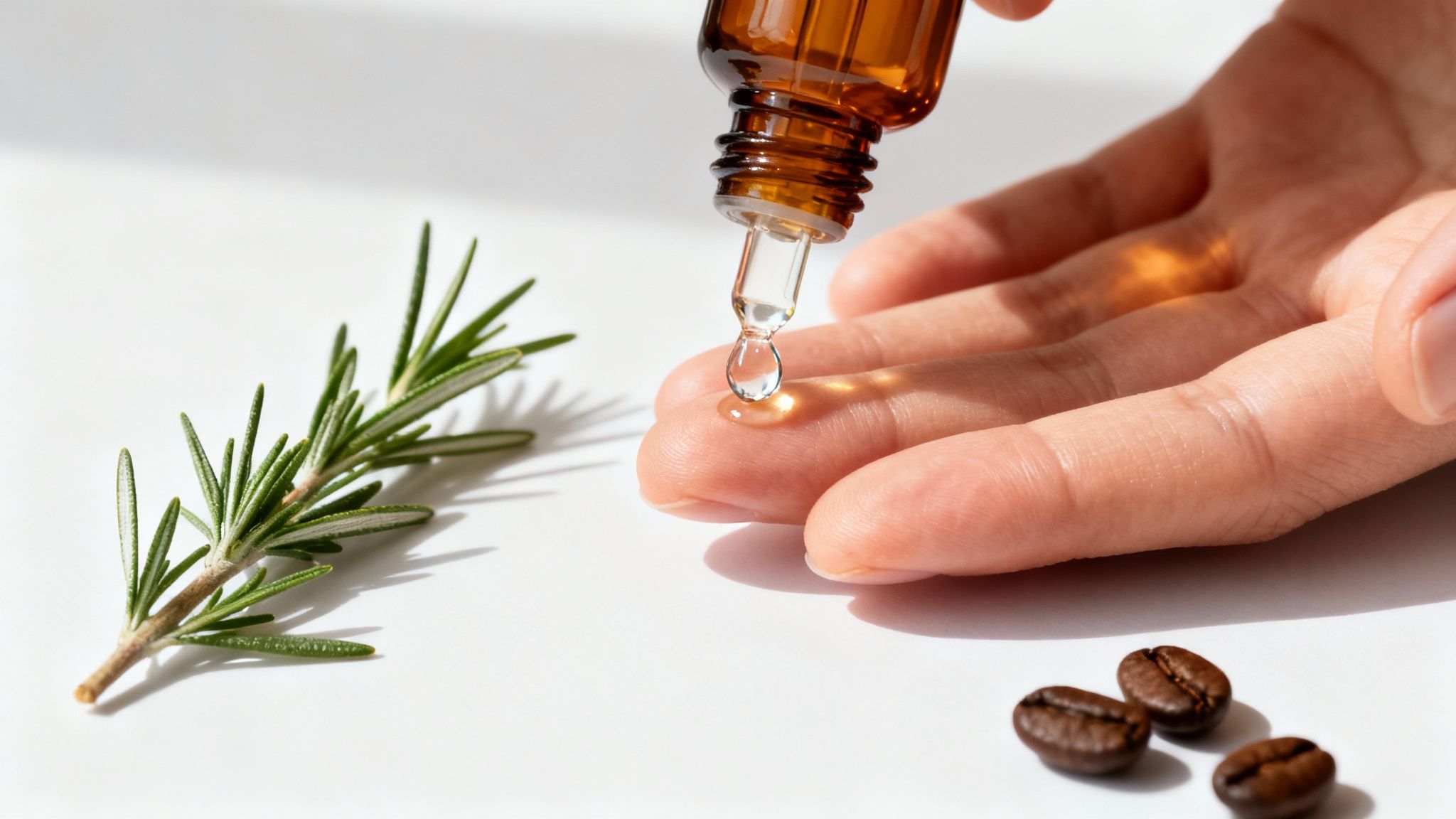 Hand receiving drops from amber essential oil bottle with rosemary and coffee beans nearby