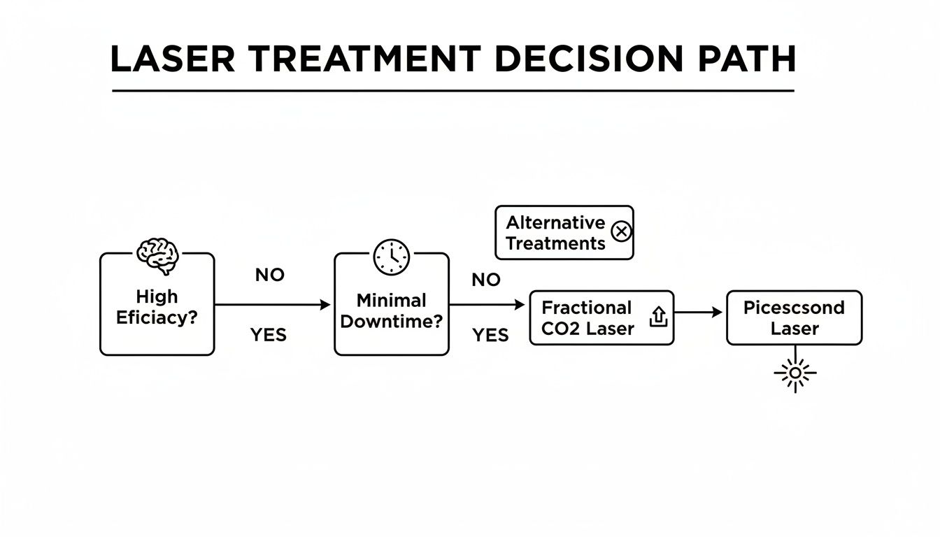 A flowchart illustrating a laser treatment decision path based on efficacy and minimal downtime.