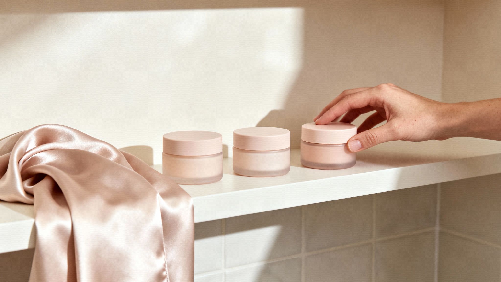 A hand reaches for a light pink skincare jar among two others on a white shelf with silk fabric.