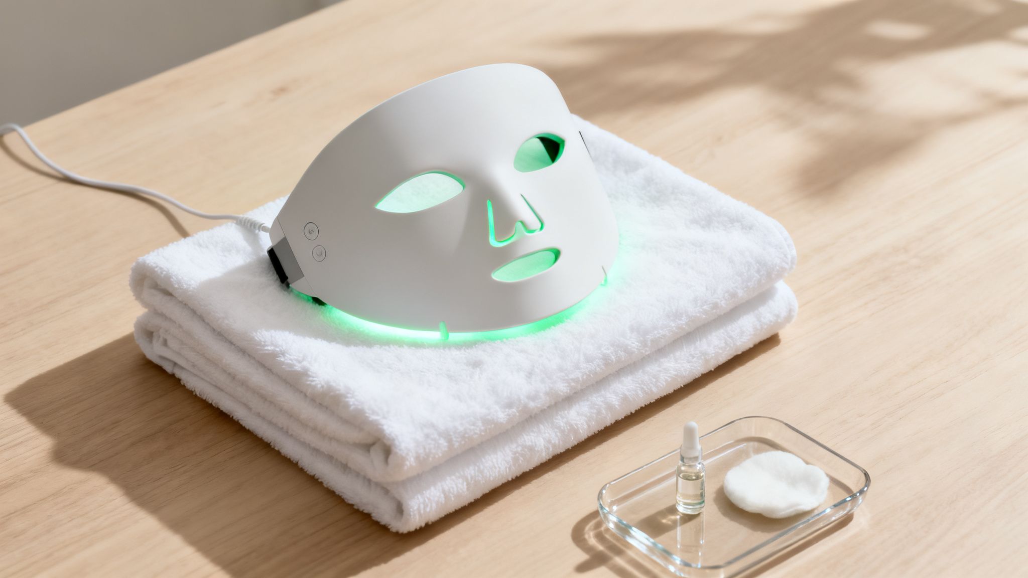 A white LED light therapy mask glowing green, placed on folded white towels with skincare products.