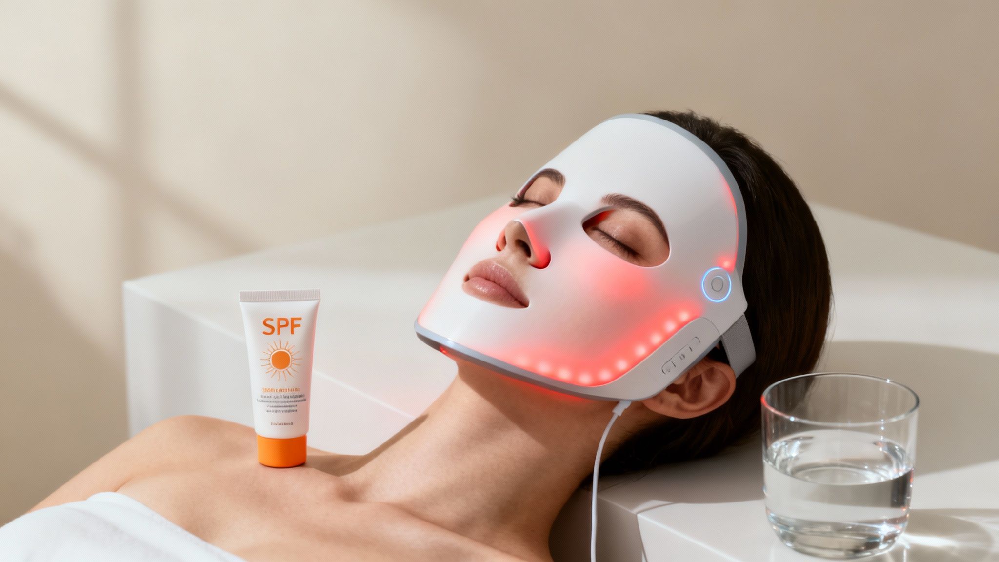 A woman lies with a red LED light therapy mask on her face, with sunscreen and water.
