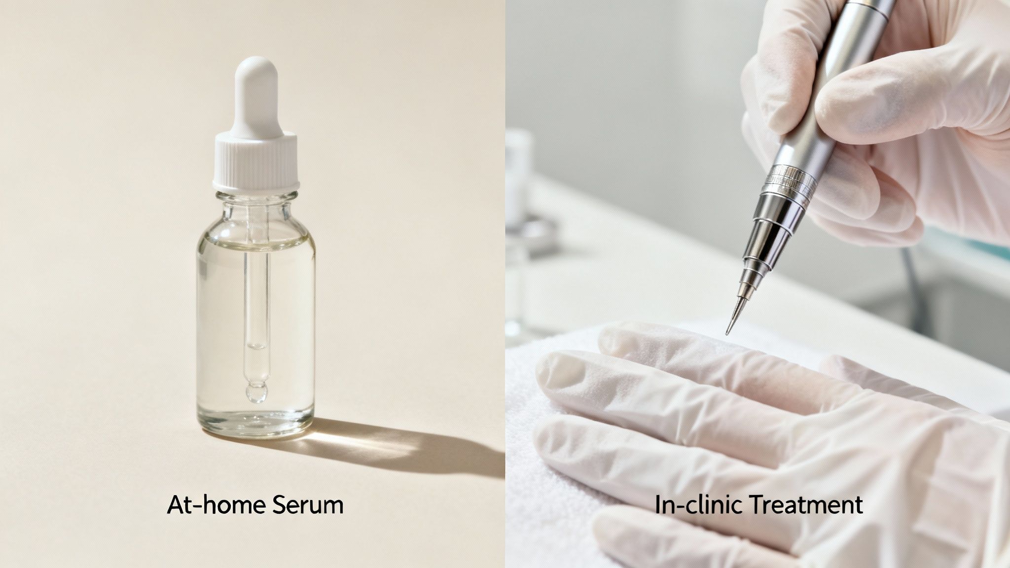 Comparison of at-home serum in a dropper bottle and a professional performing an in-clinic skin treatment.