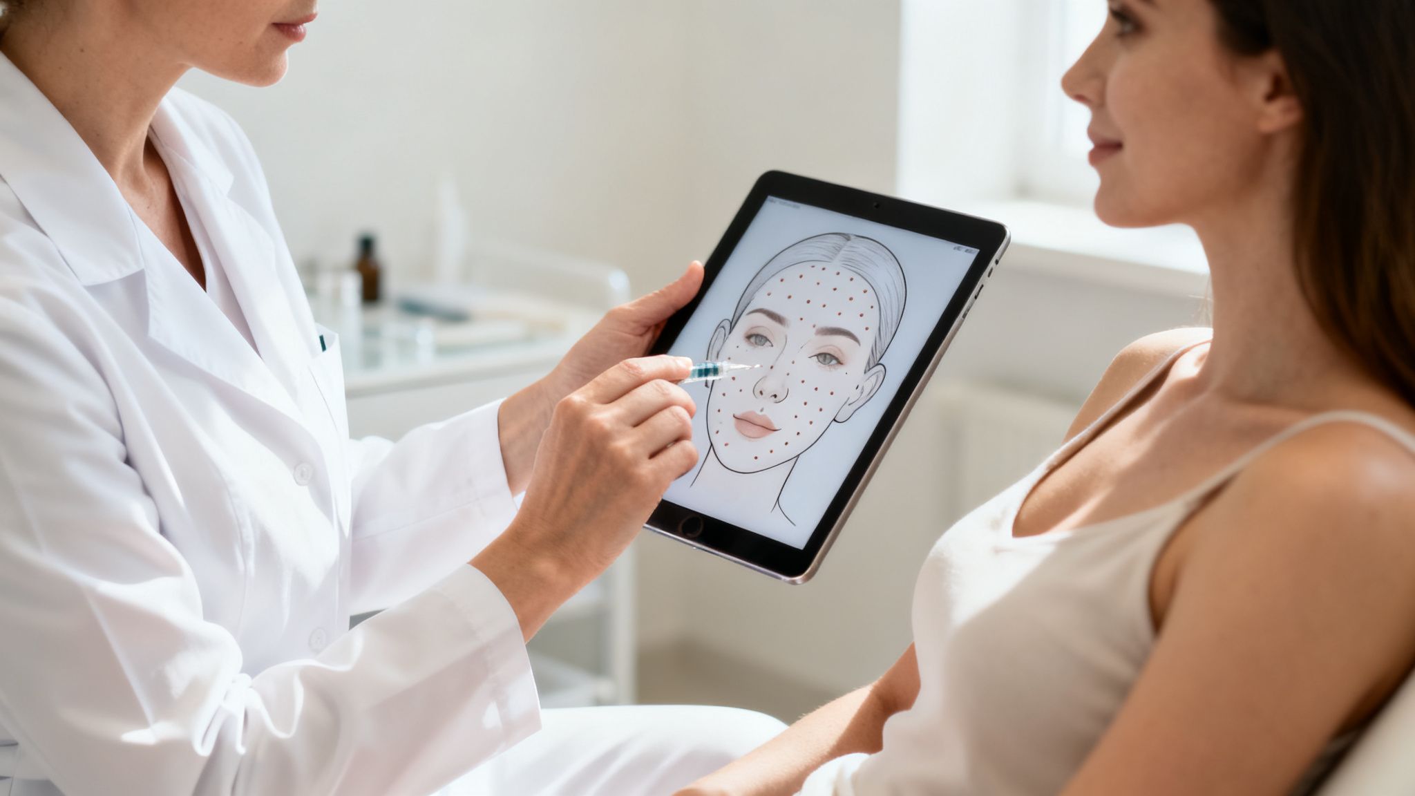 A medical professional explains facial injection points on a digital tablet to a female patient.