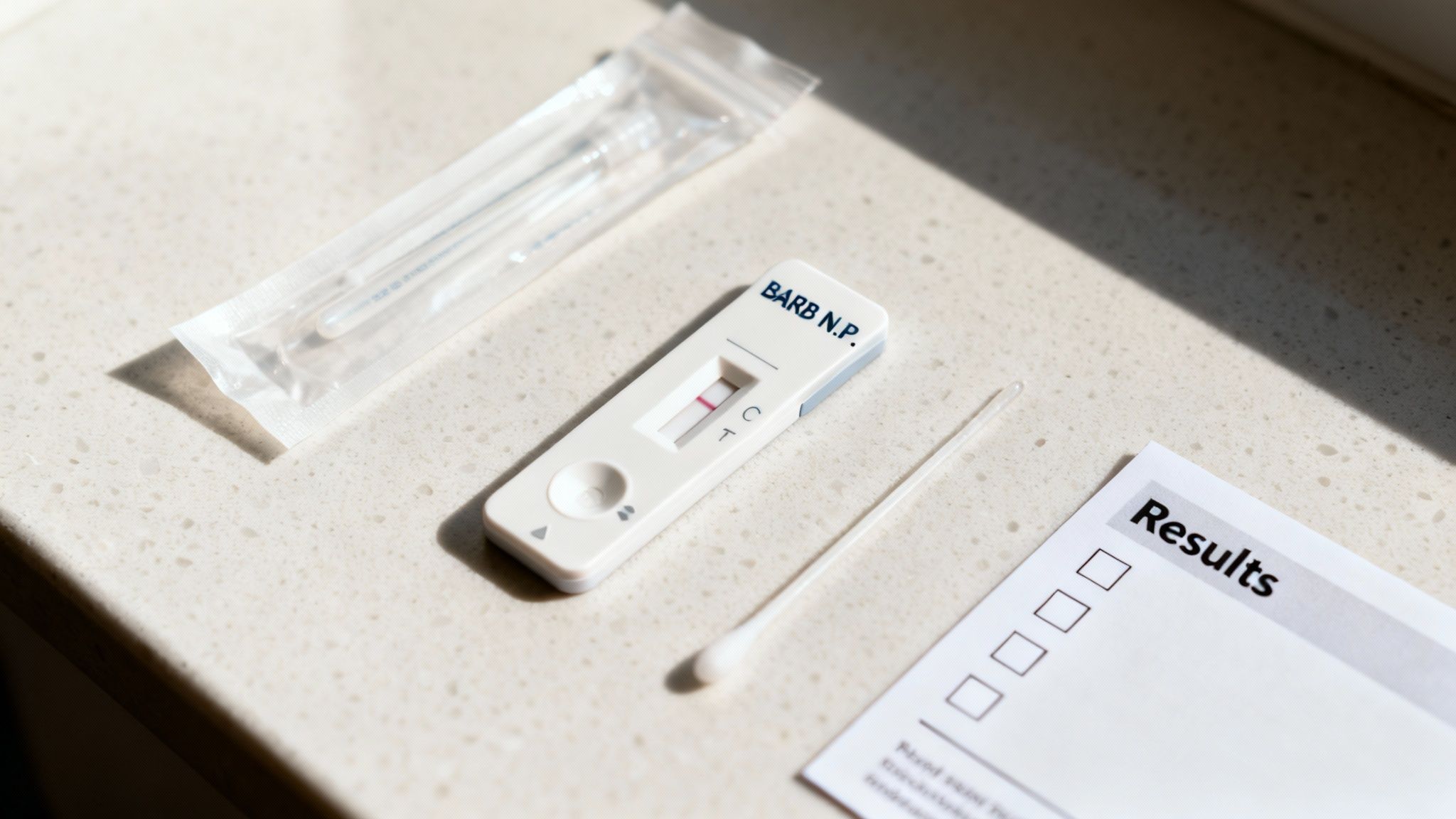 A COVID-19 rapid antigen test kit showing a negative result, with swabs and a results sheet.