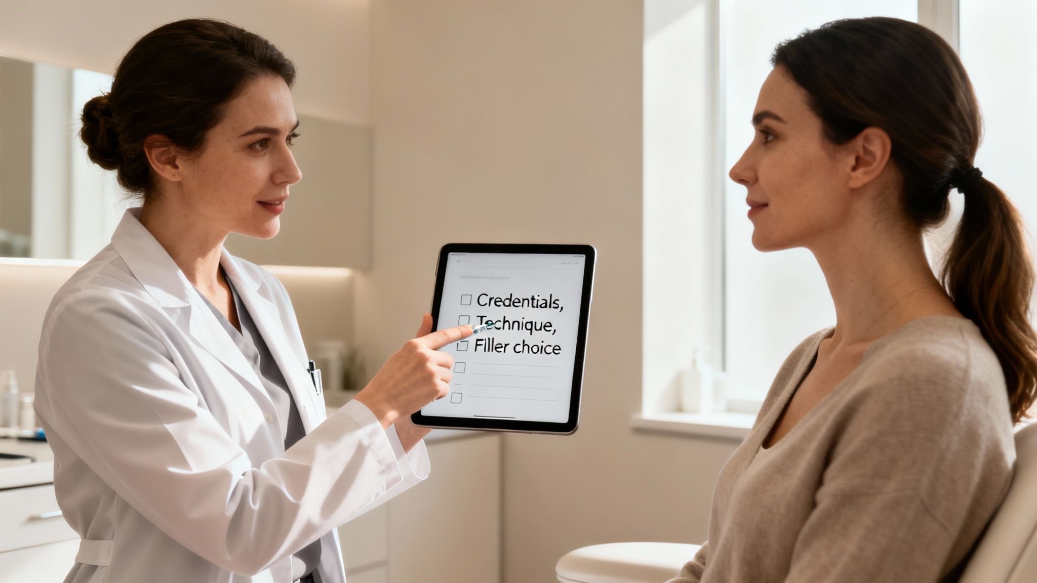 A doctor in a white coat shows a checklist on a tablet to a female patient.