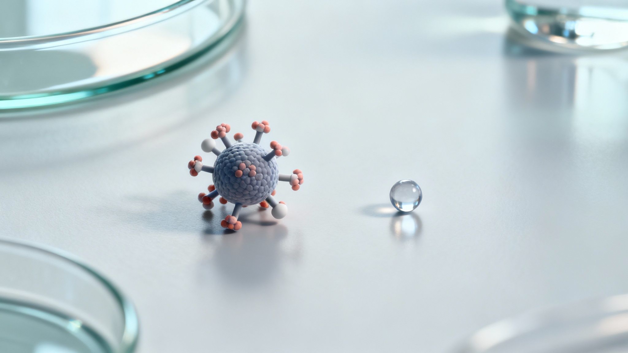 A 3D model of a virus with spikes next to a transparent bead in a laboratory setting.