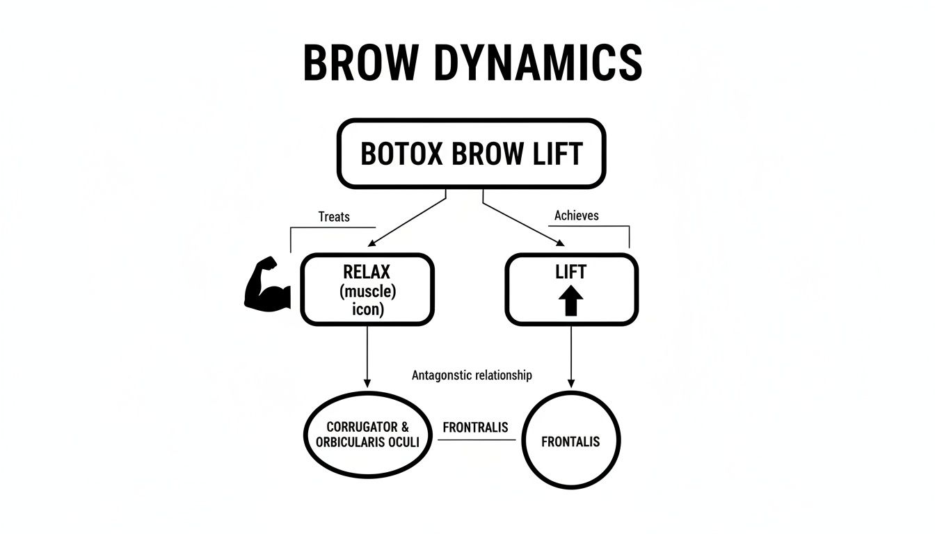 A diagram explaining how a Botox brow lift works by relaxing muscles and achieving lift.