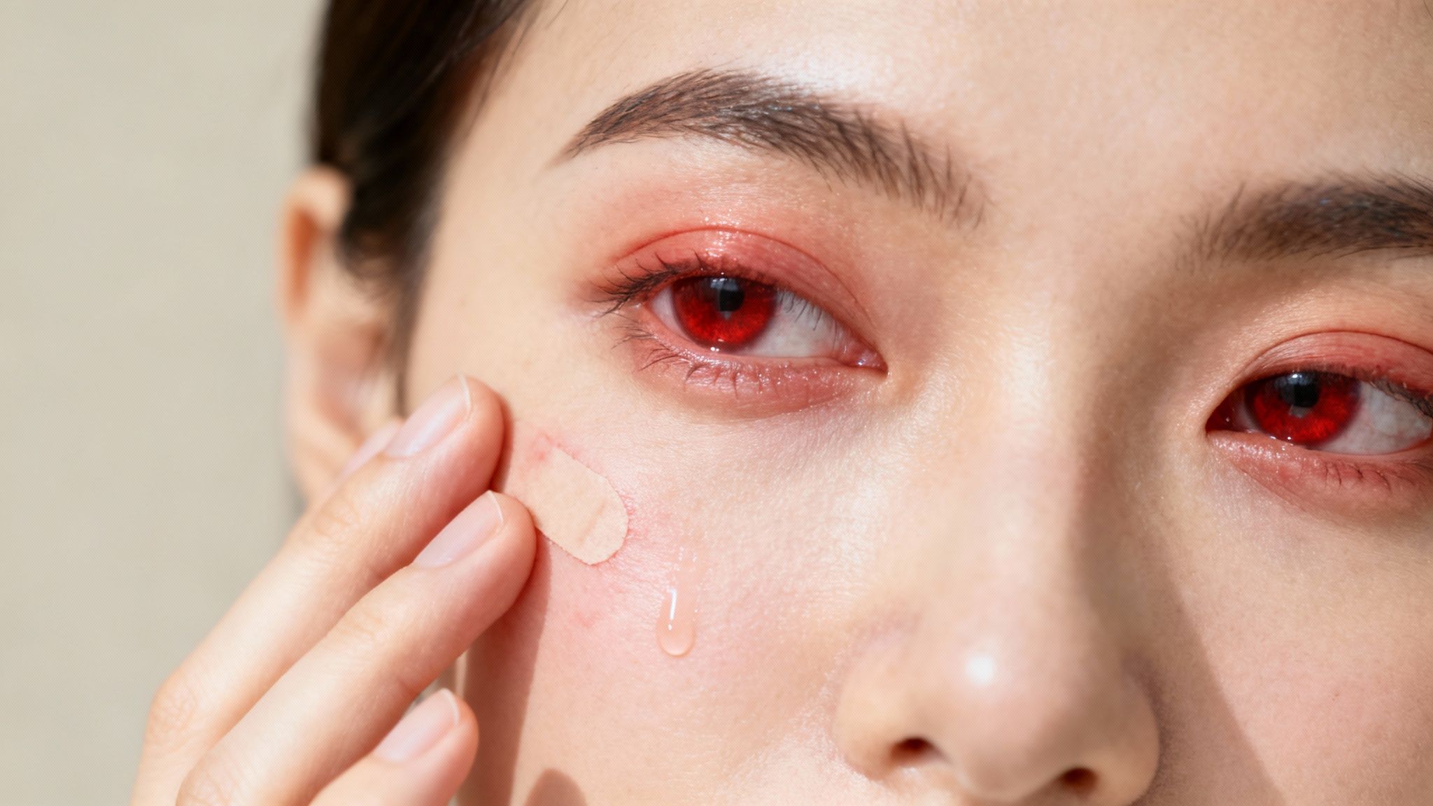 Close-up of a person's face with red, irritated eyes, a tear, and a skin patch.