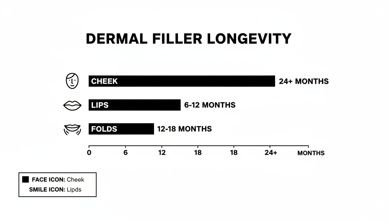 Bar chart illustrating dermal filler longevity for cheeks, lips, and facial folds in months.