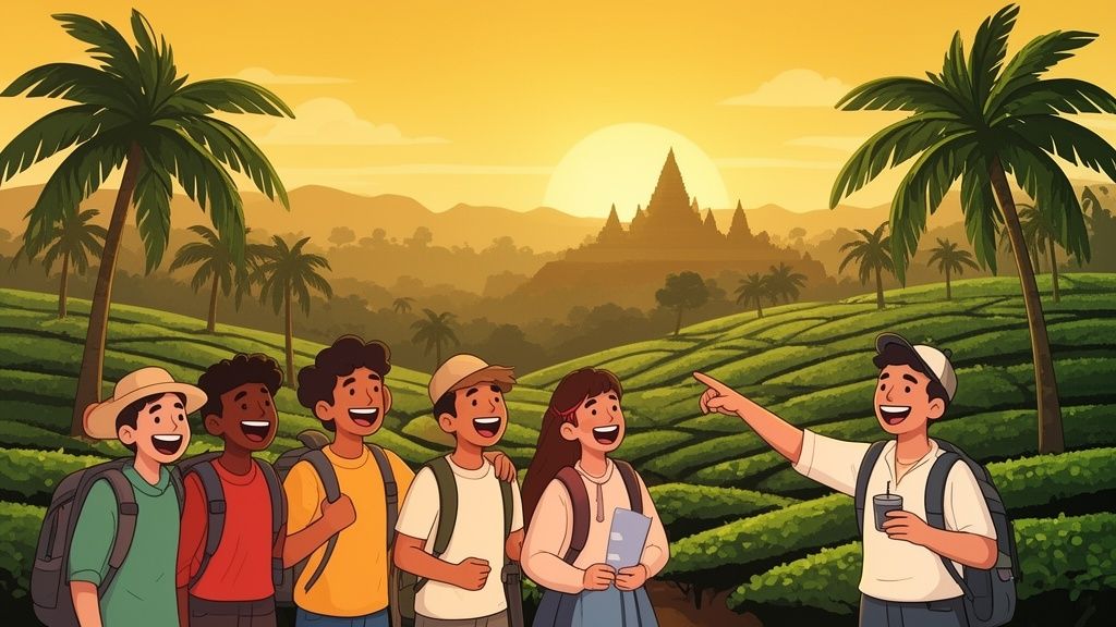 Gruppo di giovani viaggiatori sorridenti in una piantagione di tè al tramonto con palme e un tempio sullo sfondo.