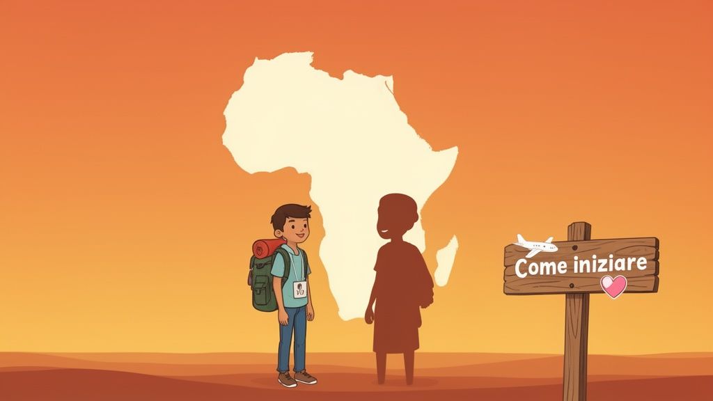 Illustrazione di un ragazzo con zaino e un bambino africano davanti alla mappa dell'Africa, con un cartello 'Come iniziare'.