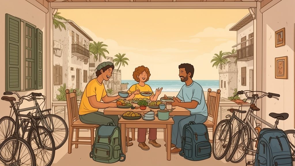 Tre amici volontari mangiano su un patio con vista mare, circondati da biciclette e zaini, in un villaggio costiero.