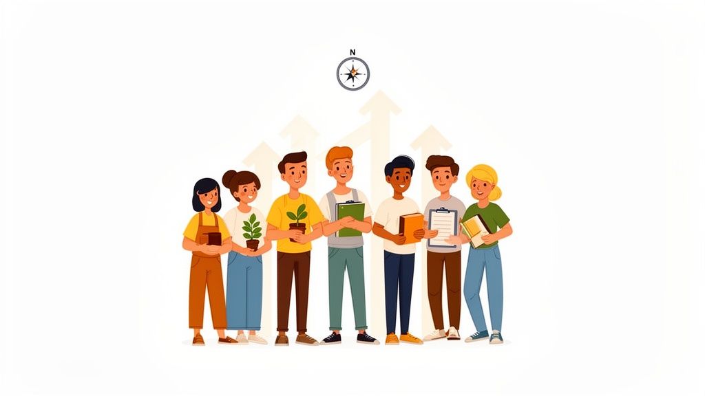 Sette giovani sorridenti, alcuni con piante e libri, con frecce crescenti e una bussola.