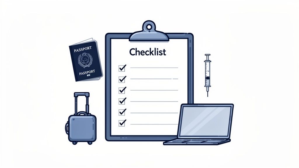 Illustrazione di una lista di controllo per viaggio con passaporti, valigia, portatile e siringa.