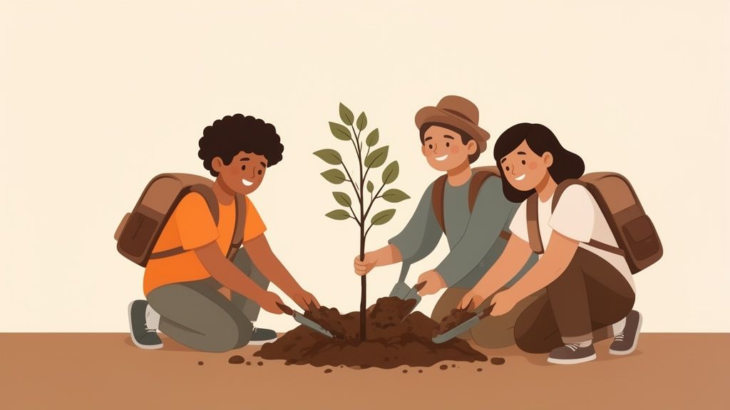 Tre ragazzi sorridenti piantano un alberello con zappe, indossando zaini in spalla, un gesto per la natura.