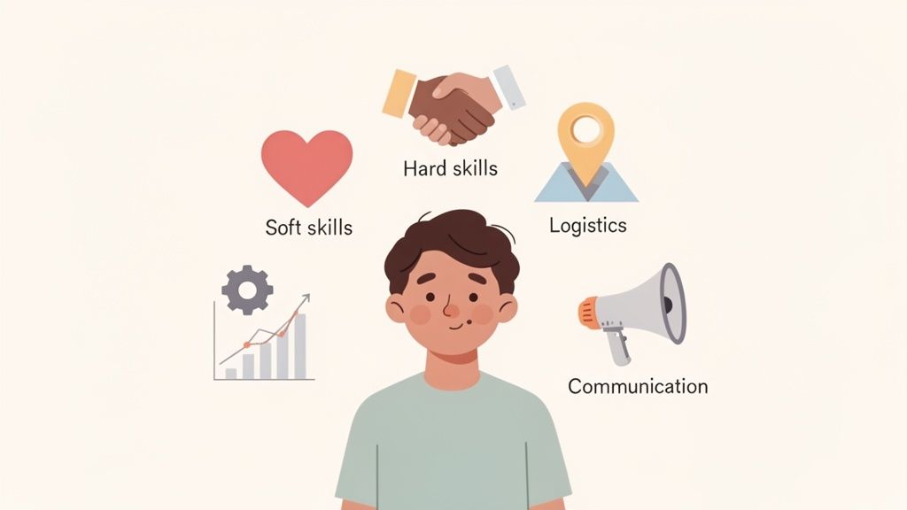 Un uomo è circondato da icone che rappresentano diverse abilità professionali: soft skills, hard skills, logistica, comunicazione e analisi.