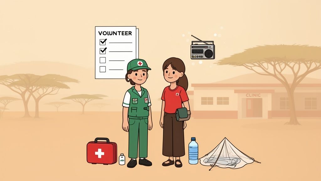 Due volontarie della Croce Rossa con attrezzature mediche e radio in un paesaggio africano, vicino a una clinica.