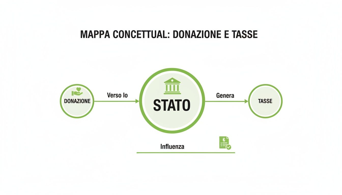 Mappa concettuale che illustra come le donazioni influenzano lo Stato e la generazione di tasse, con riferimento ai benefici fiscali.