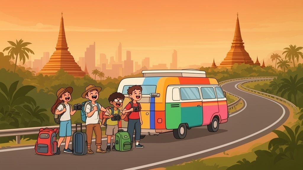 Quattro amici sorridenti con zaini e macchine fotografiche, accanto a un camper colorato, su una strada con templi e una città sullo sfondo al tramonto.