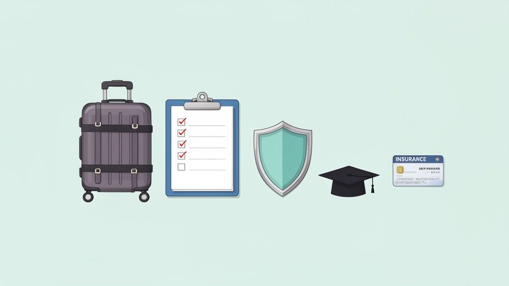 Valigia, lista di controllo, scudo, cappello di laurea e carta assicurativa per la pianificazione futura.