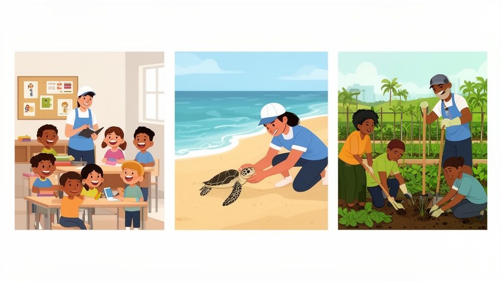 Bambini e adulti impegnati in attività di educazione ambientale, protezione delle tartarughe marine e giardinaggio comunitario.