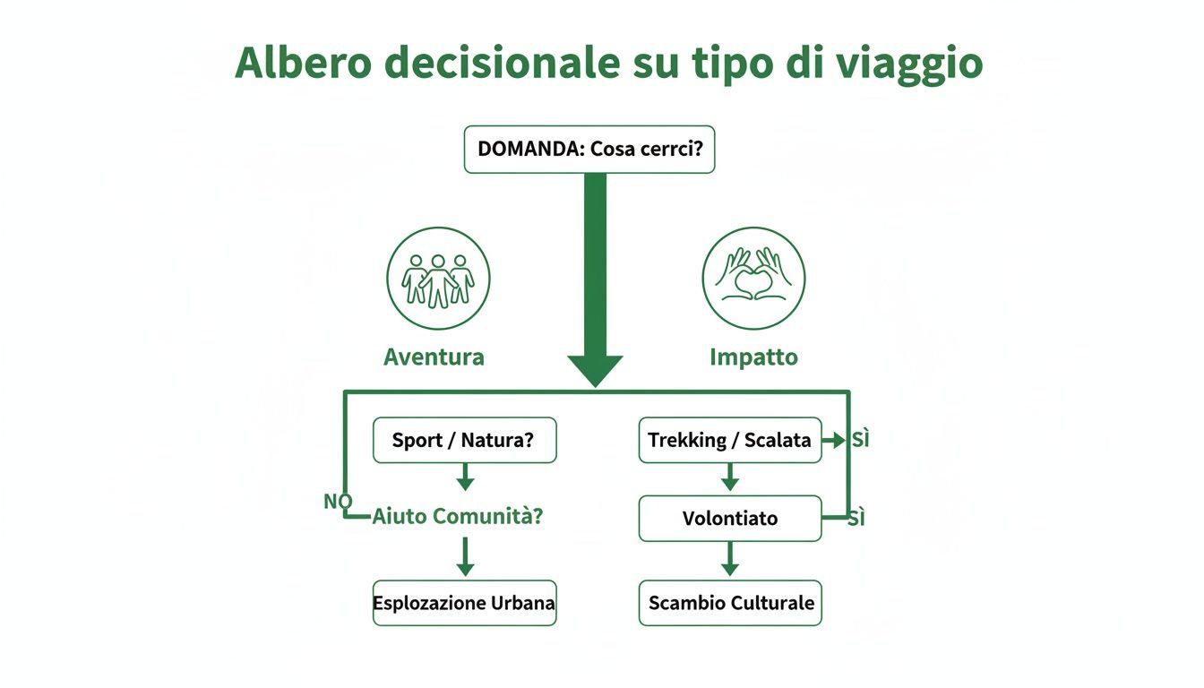 Diagramma decisionale per scegliere il tipo di viaggio: avventura (sport, natura, esplorazione urbana) o impatto (trekking, volontariato, scambio culturale).