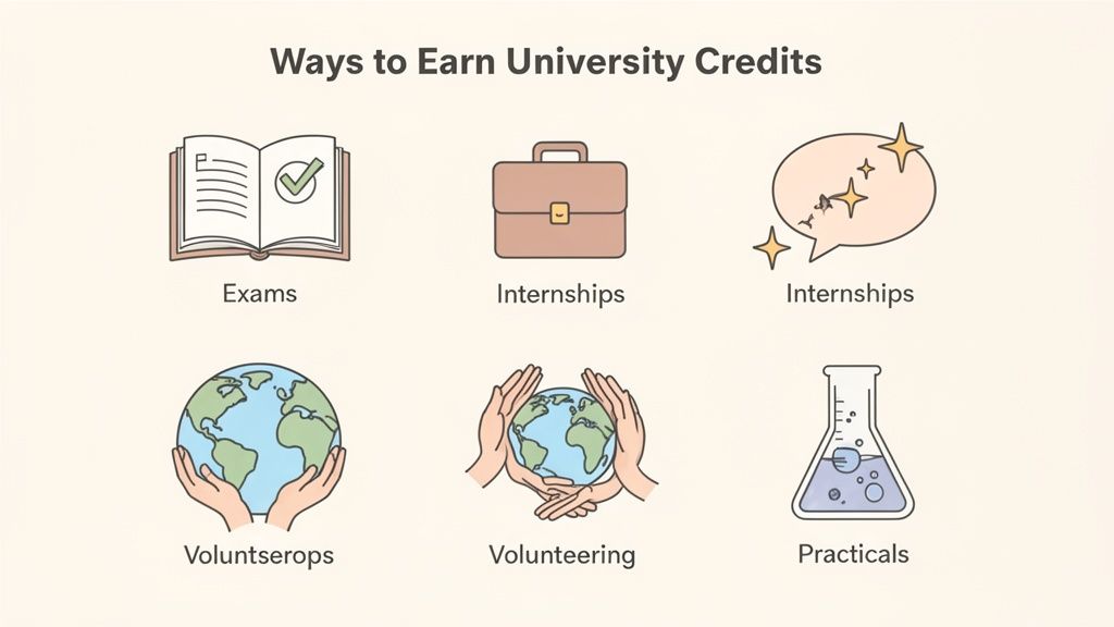 Illustrazione che mostra diversi modi per guadagnare crediti universitari, inclusi esami, stage, volontariato e pratiche.