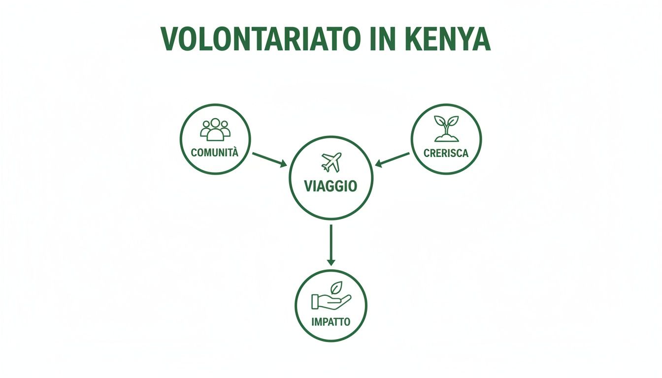 Diagramma visualizza i concetti chiave del volontariato in Kenya: viaggio, comunità, crescita e impatto.
