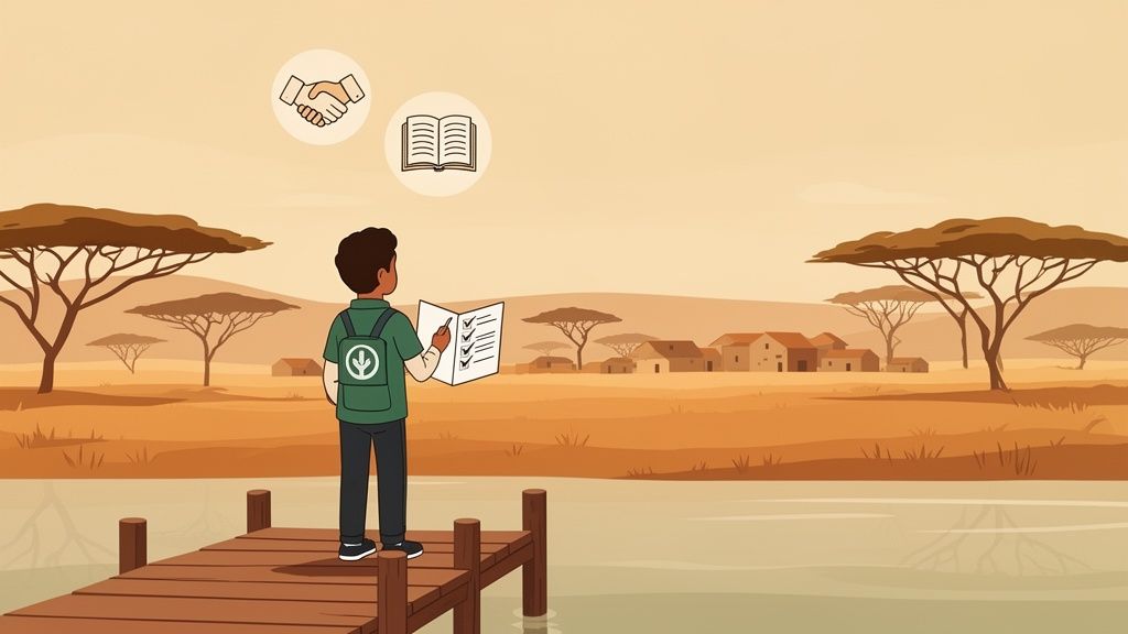 Un giovane volontario su un molo con una lista, guarda un villaggio africano, simboleggiando cooperazione e apprendimento.
