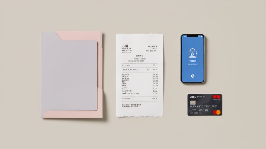 Disposizione dall'alto di una cartella, uno scontrino, uno smartphone con app di pagamento e una carta di credito.
