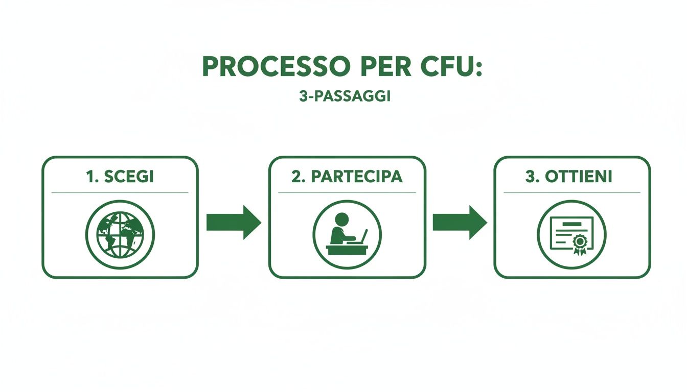 Diagramma esplicativo del processo in 3 passaggi per ottenere i CFU: scegli, partecipa e ottieni.
