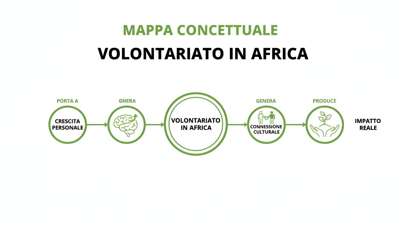 Mappa concettuale che illustra i benefici del volontariato in Africa: crescita personale, connessione culturale e impatto reale.