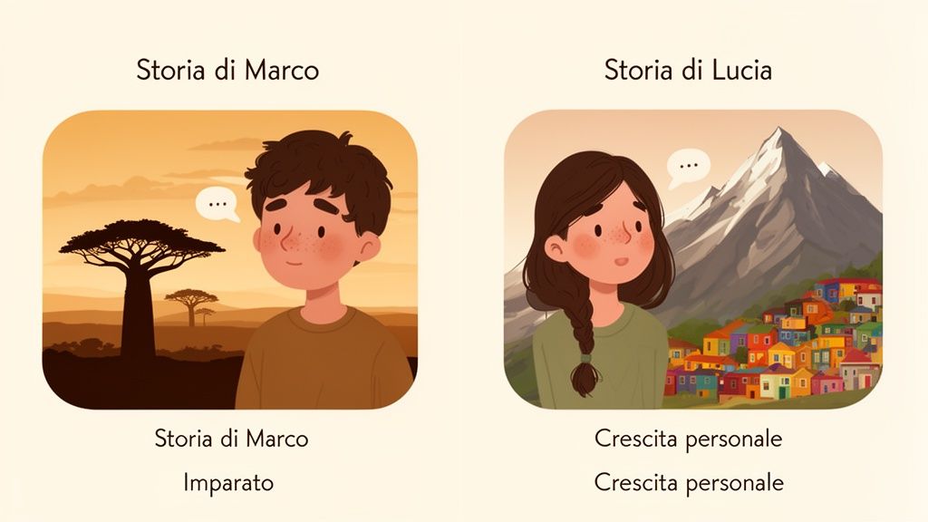 Due illustrazioni: Marco in savana africana e Lucia in villaggio di montagna. Rappresentano storie di apprendimento e crescita personale.