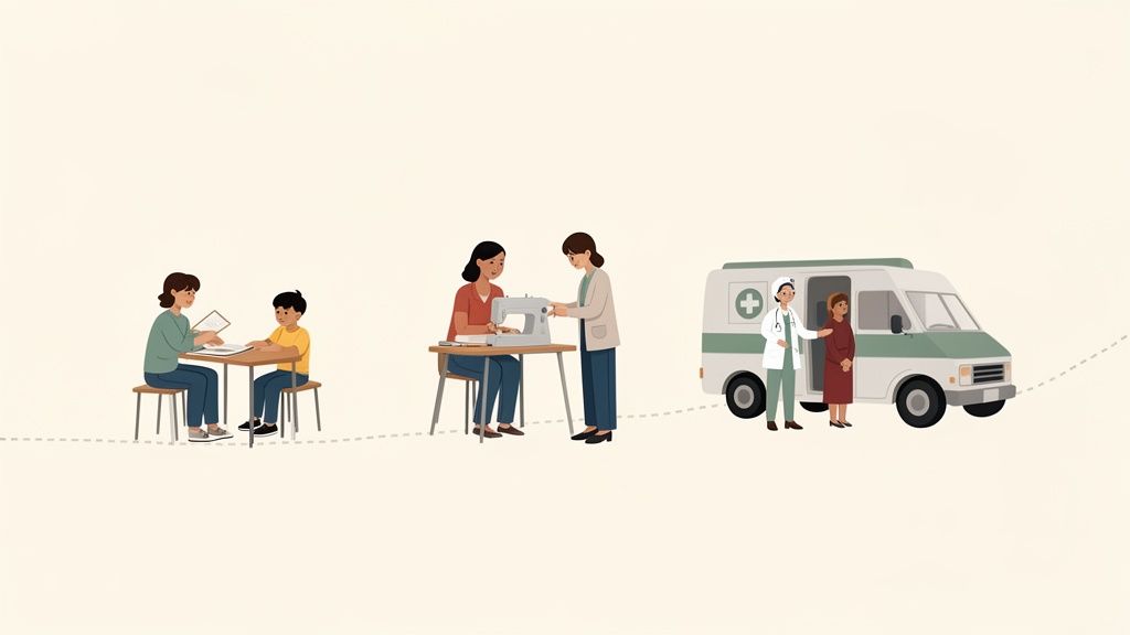 Illustrazione: educazione, formazione professionale (cucito) e assistenza sanitaria (ambulanza), che rappresenta il supporto alle persone.