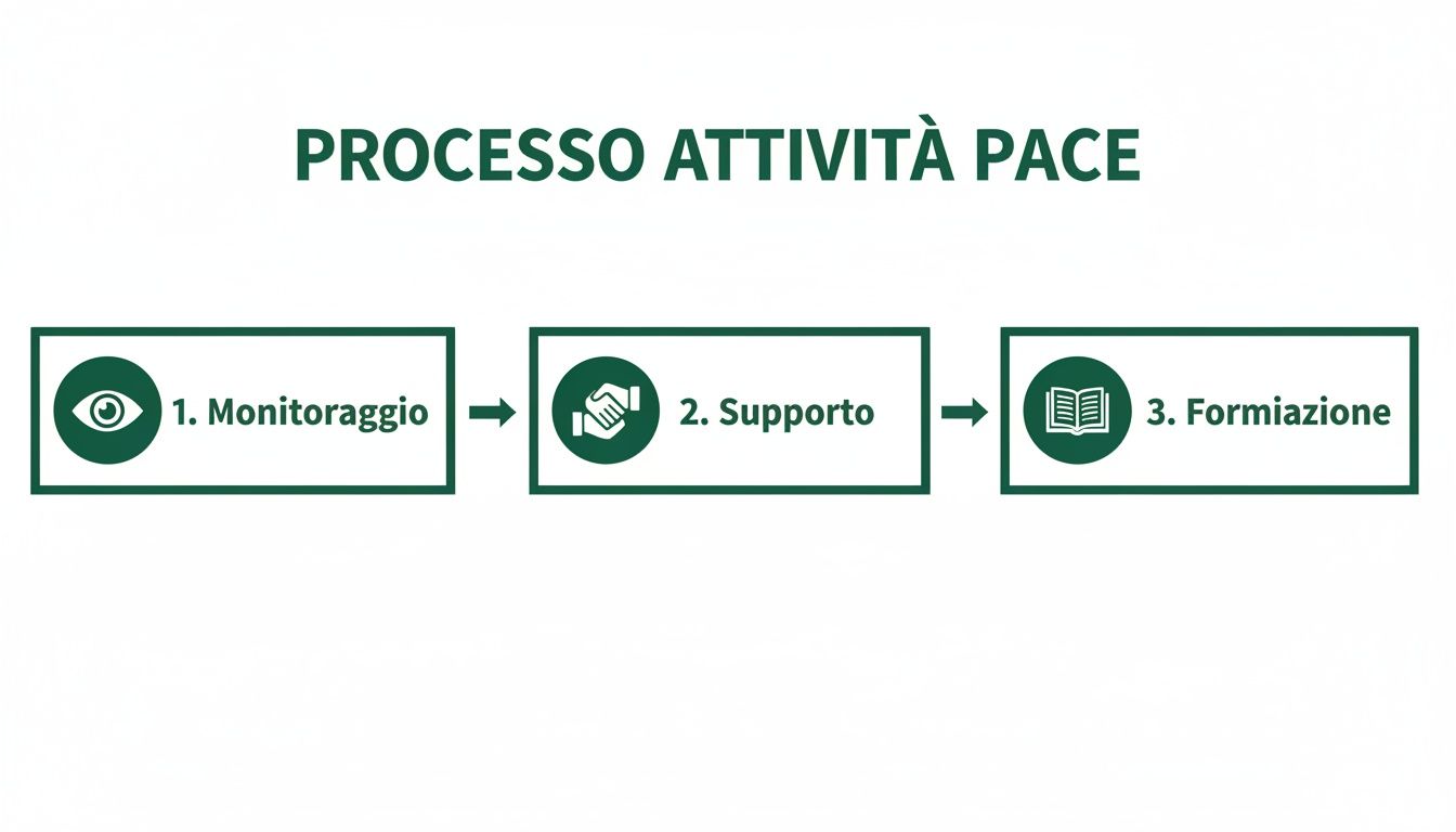 Flusso di lavoro che illustra i tre passaggi del processo attività pace: monitoraggio, supporto e formazione con icone pertinenti.