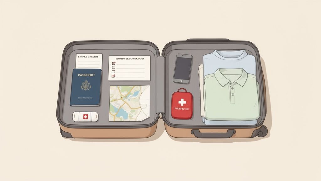 Una valigia aperta con l'essenziale per il viaggio: passaporto, mappa, pronto soccorso e vestiti piegati.