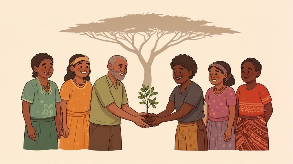 Un gruppo di persone sorridenti in Africa che si scambiano un alberello, celebrando la riforestazione.