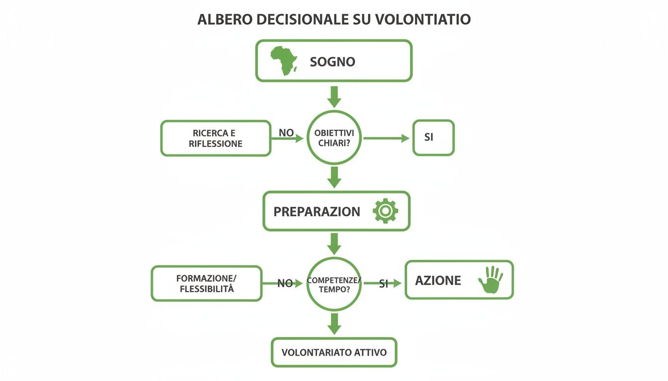 Diagramma di flusso sulla decisione di volontariato, dalla nascita di un sogno all'azione concreta e al volontariato attivo.