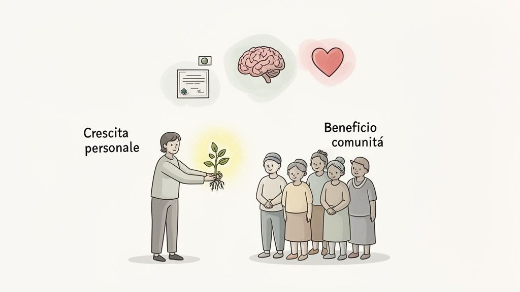 Illustrazione: la crescita personale (studio, mente, cuore) di un individuo che porta beneficio alla comunità.