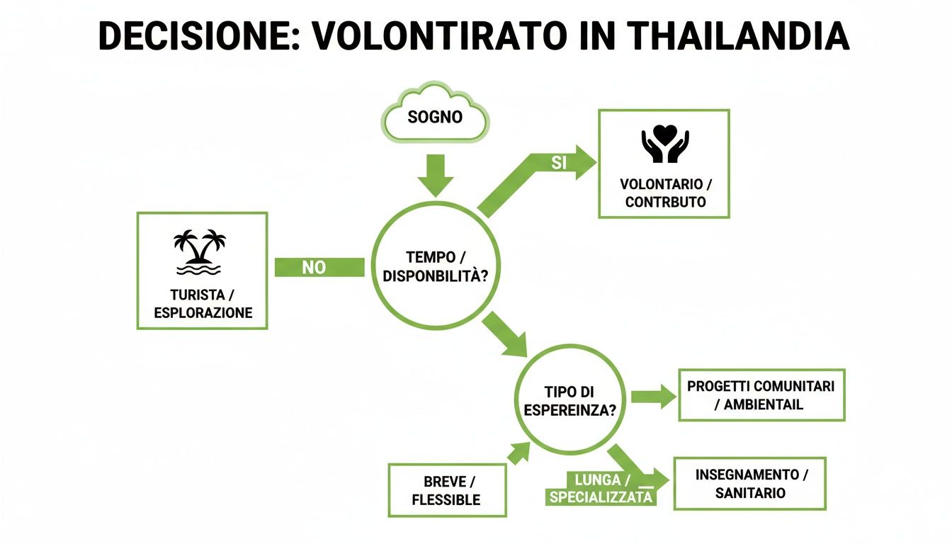Diagramma di flusso che illustra le diverse opzioni e percorsi per il volontariato in Thailandia, basato su tempo e tipo di esperienza.