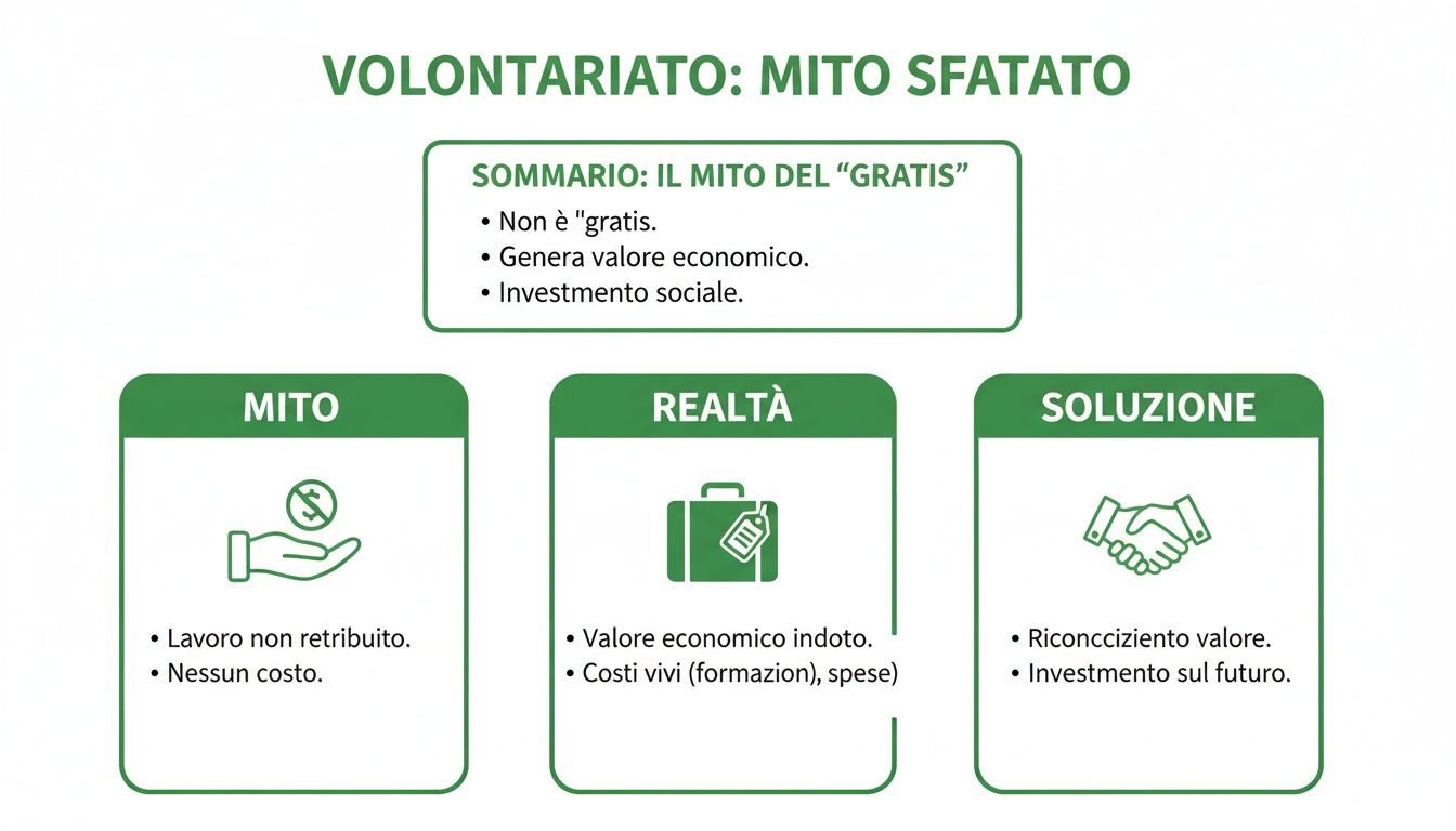 Infografica sul volontariato che smentisce il mito del 'gratis', evidenziando valore economico e investimento sociale.